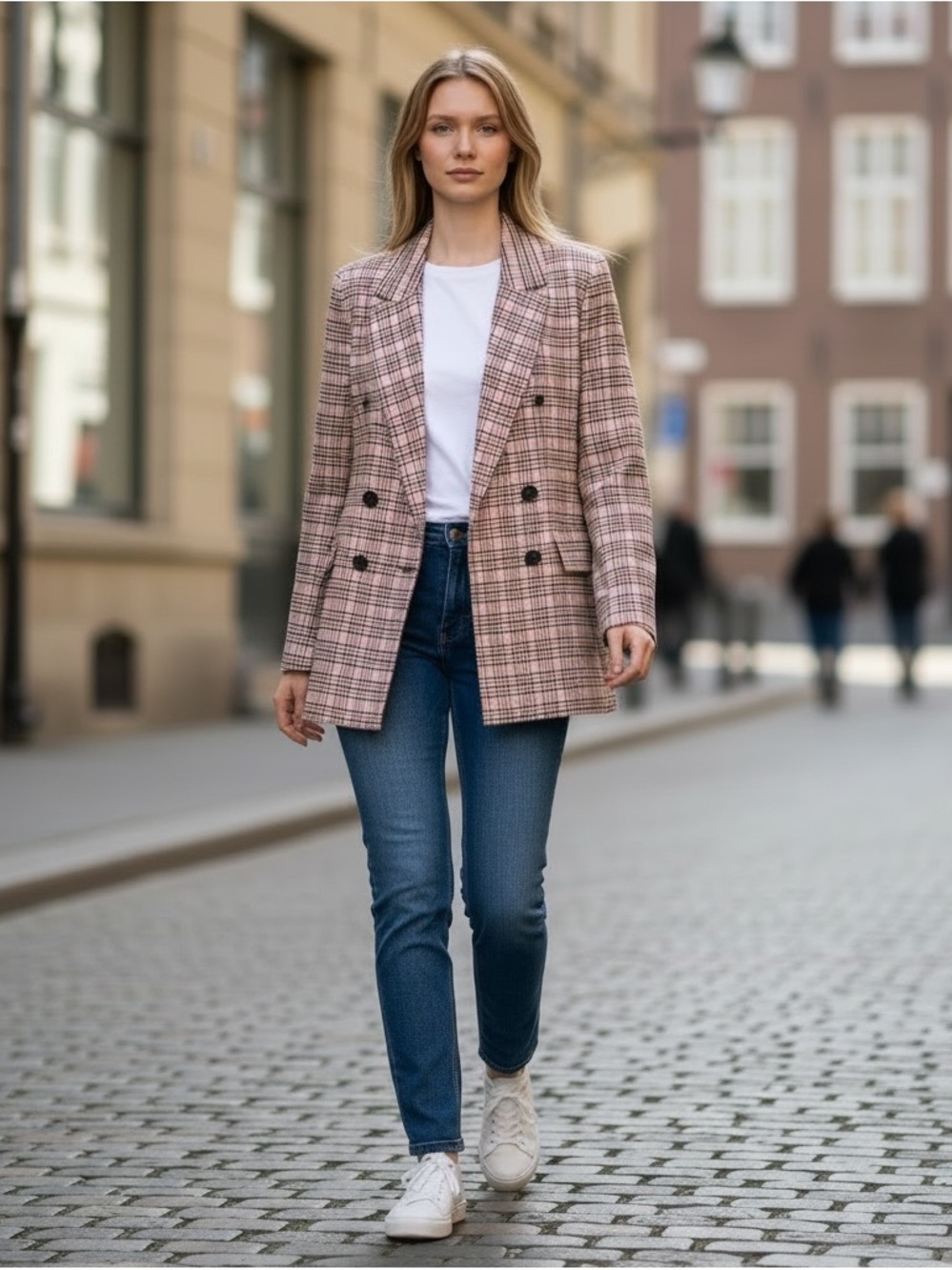 French Connection Pink and Black Plaid Double-Breasted Blazer